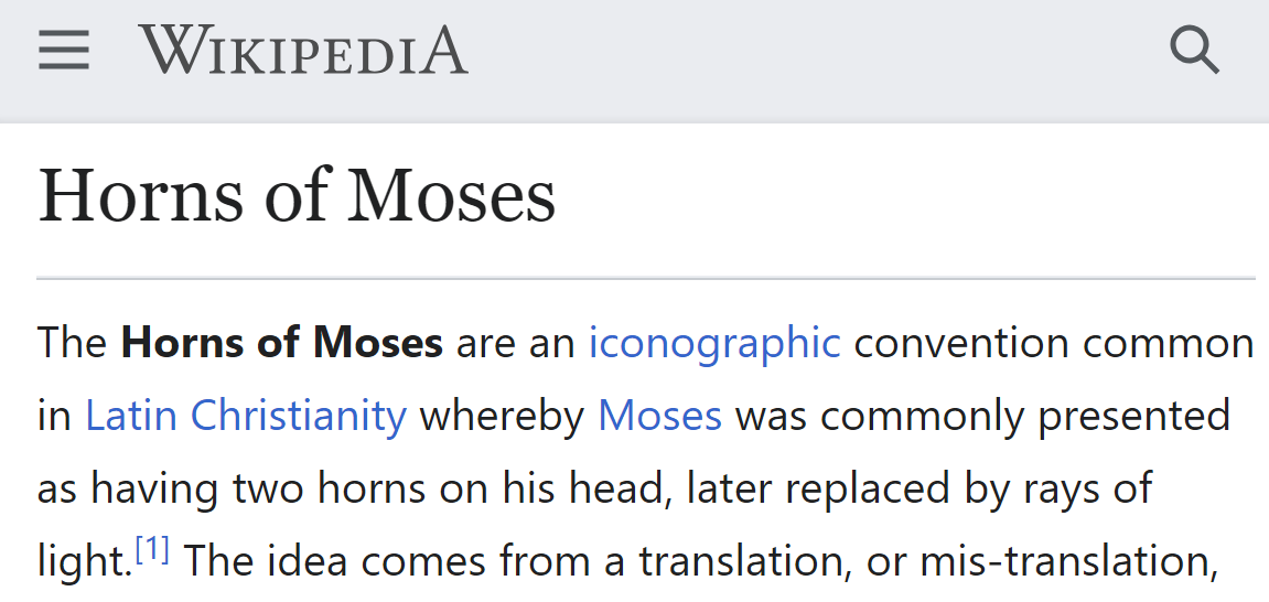 wikipedia screenshot , moses with 2 horns